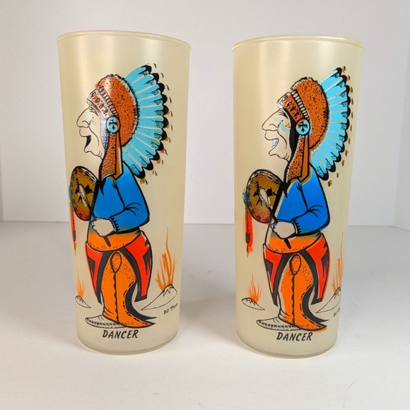 Vintage 1950s Bill T. Lores Indian Dancer Frosted Tumbler Set of (2) (Set #1)
